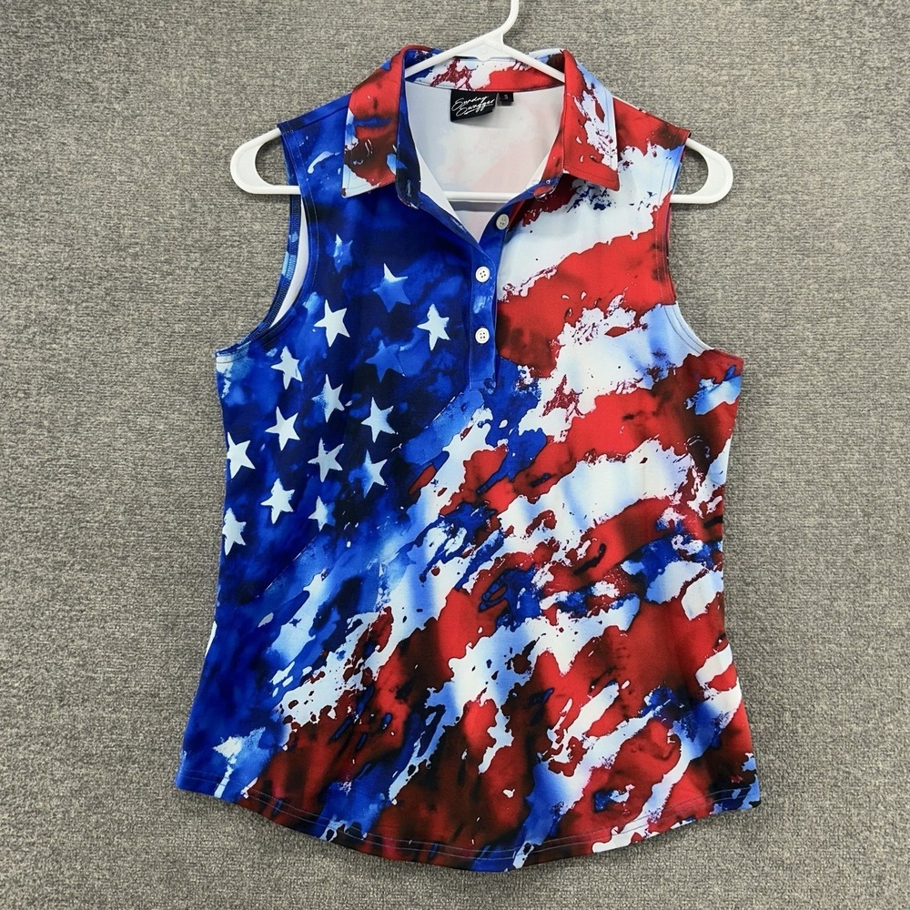 Sunday Swagger Sleeveless Golf Polo Shirt Women Size Small Red White Blue Flag